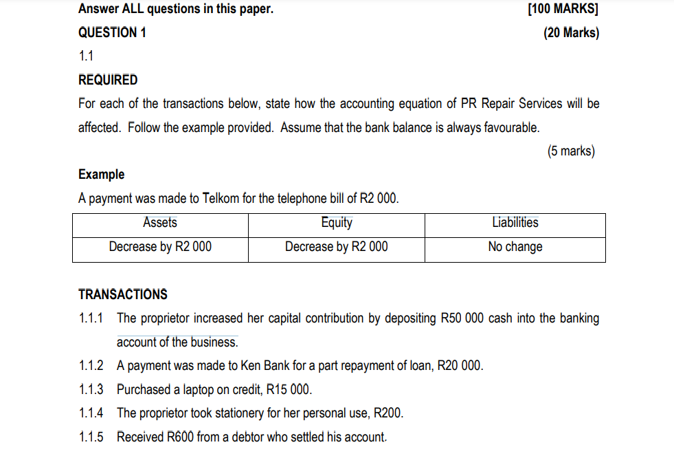  Answer ALL questions in this paper. [100 MARKS] QUESTION 1 (20