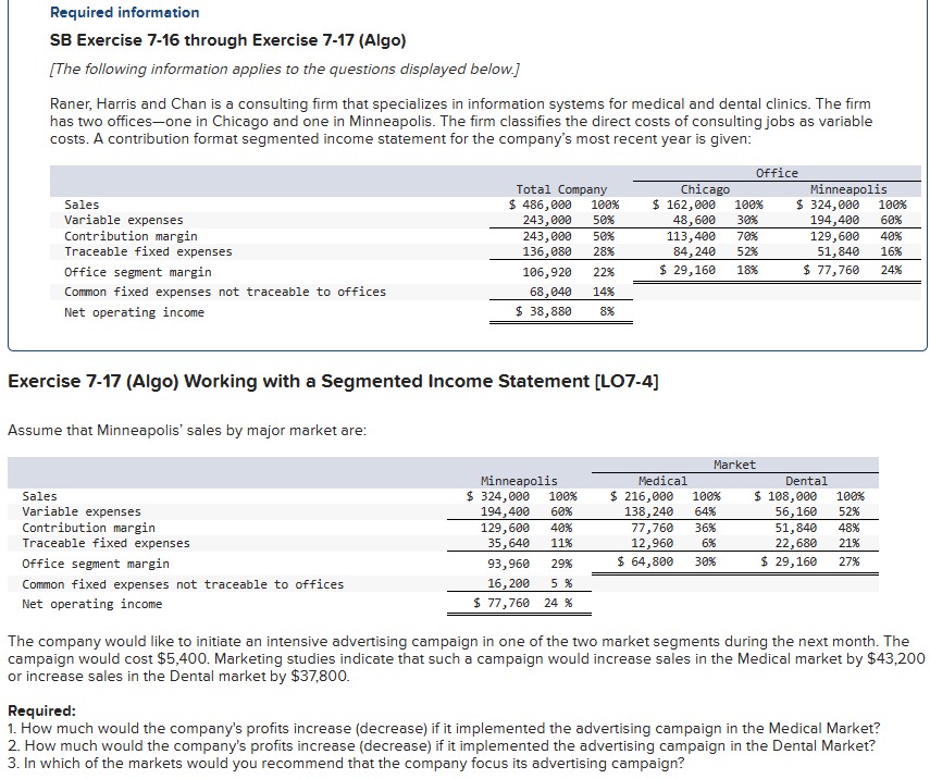  Required information SB Exercise 7-16 through Exercise 7-17 (Algo) [The following