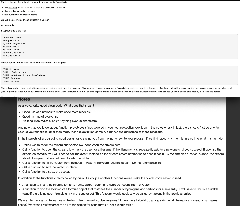  Each molecular formula will be kept in a struct with three