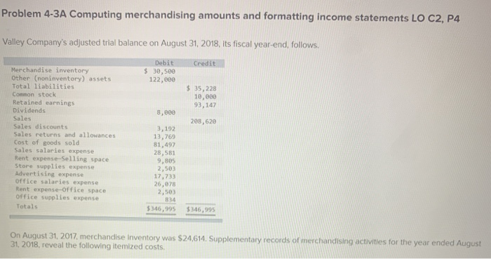  Problem 4-3A Computing merchandising amounts and formatting income statements LO C2,