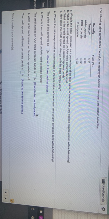  Question Help The following table summarizes the yields to maturity on