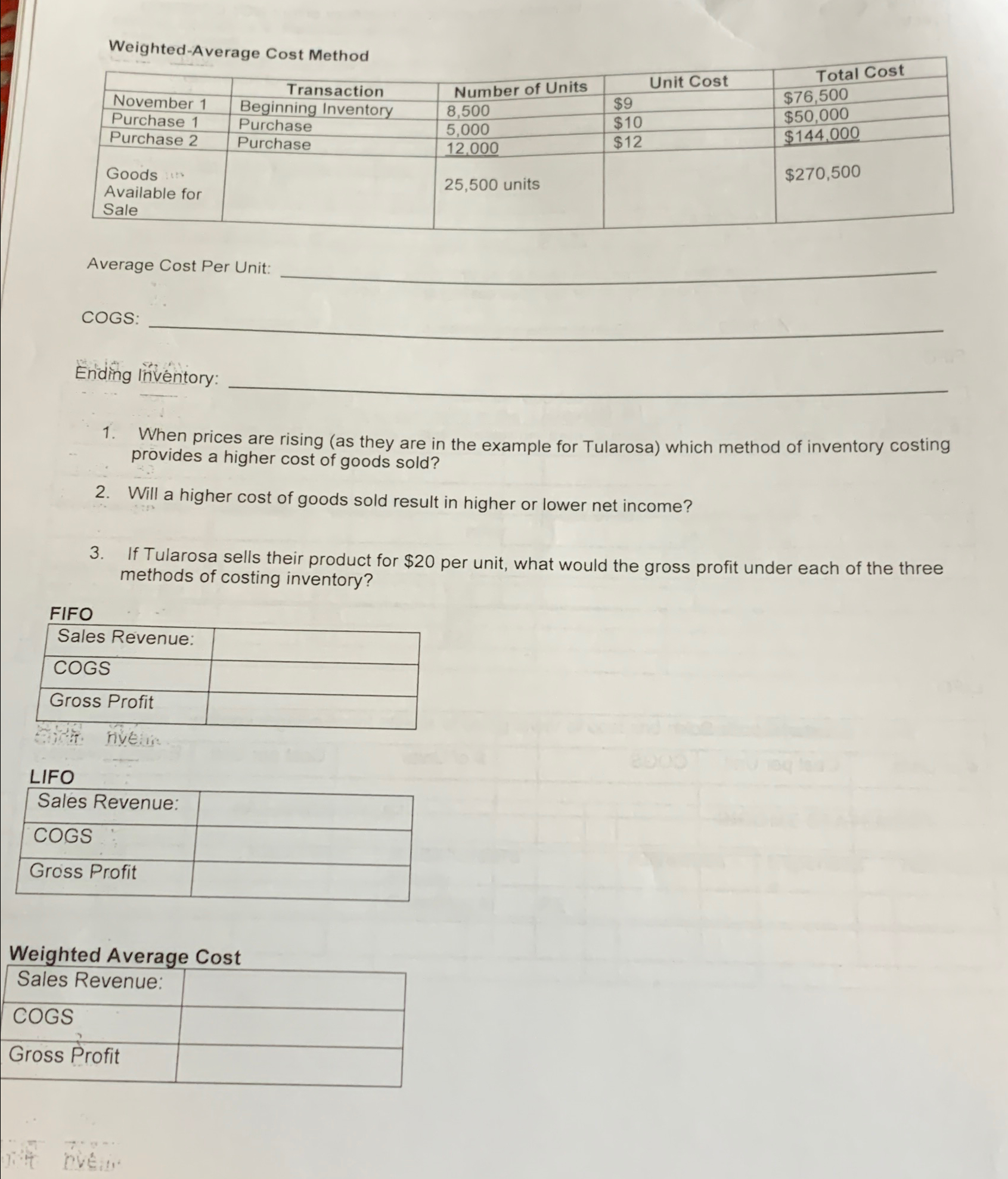  Weighted-Average Cost Method \table[[,,,Unit Cost,Total Cost],[November 1,,\table[[Number of Units],[8,500]],$9,$76,500 