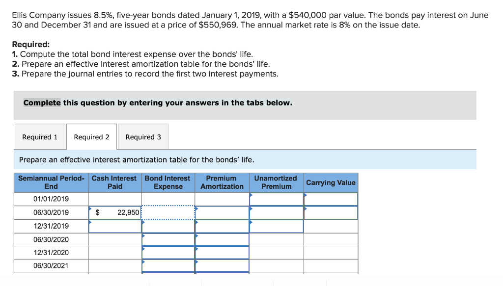 Ellis Company issues 8.5%, five-year bonds dated January 1, 2019, with