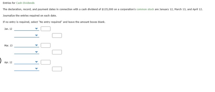  Entries for Cash Dividends The decdaration, record, and payment dates in