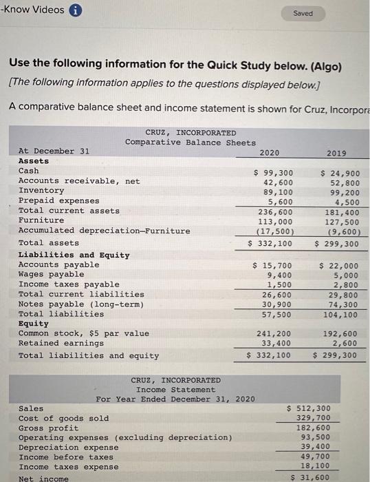  Use the following information for the Quick Study below. (Algo) [The