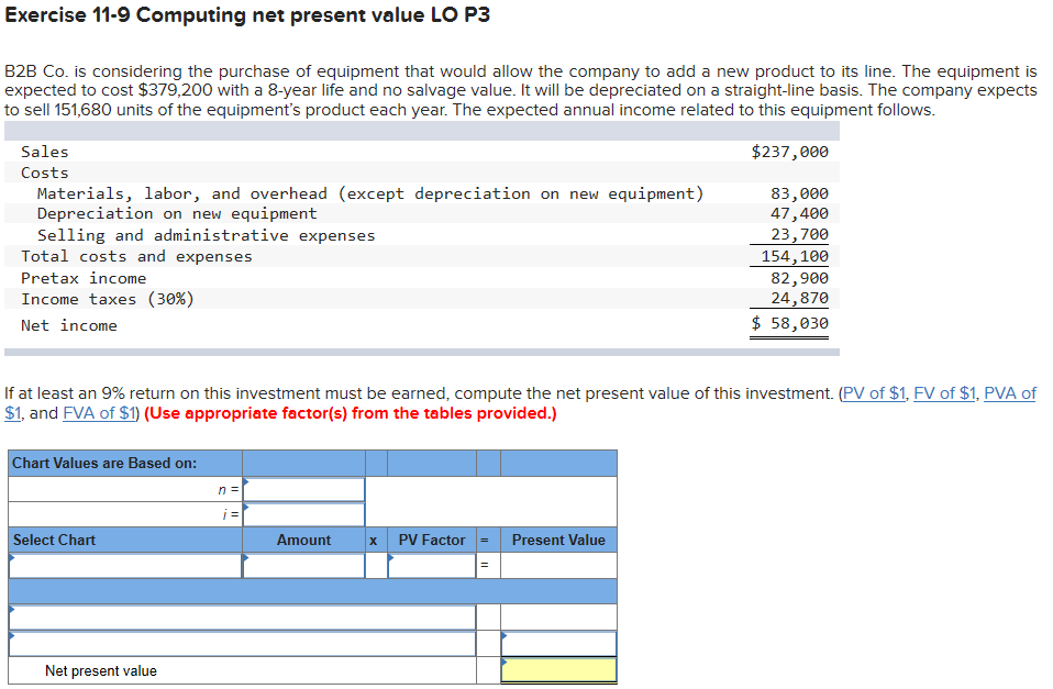 Exercise 11-10 Computation net present value LO P3 Exercise 11-9 Computing net