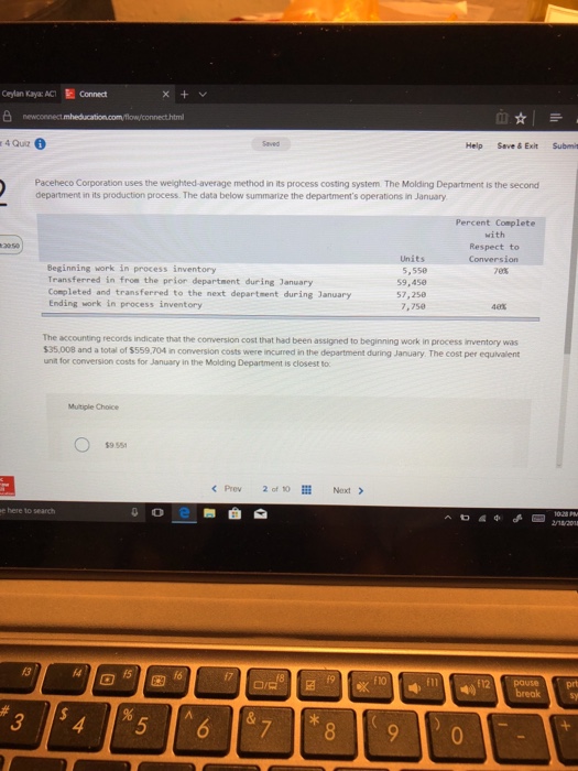  Help Seve&Exit Submit Paceheco Corporation uses the weighted-average method in its