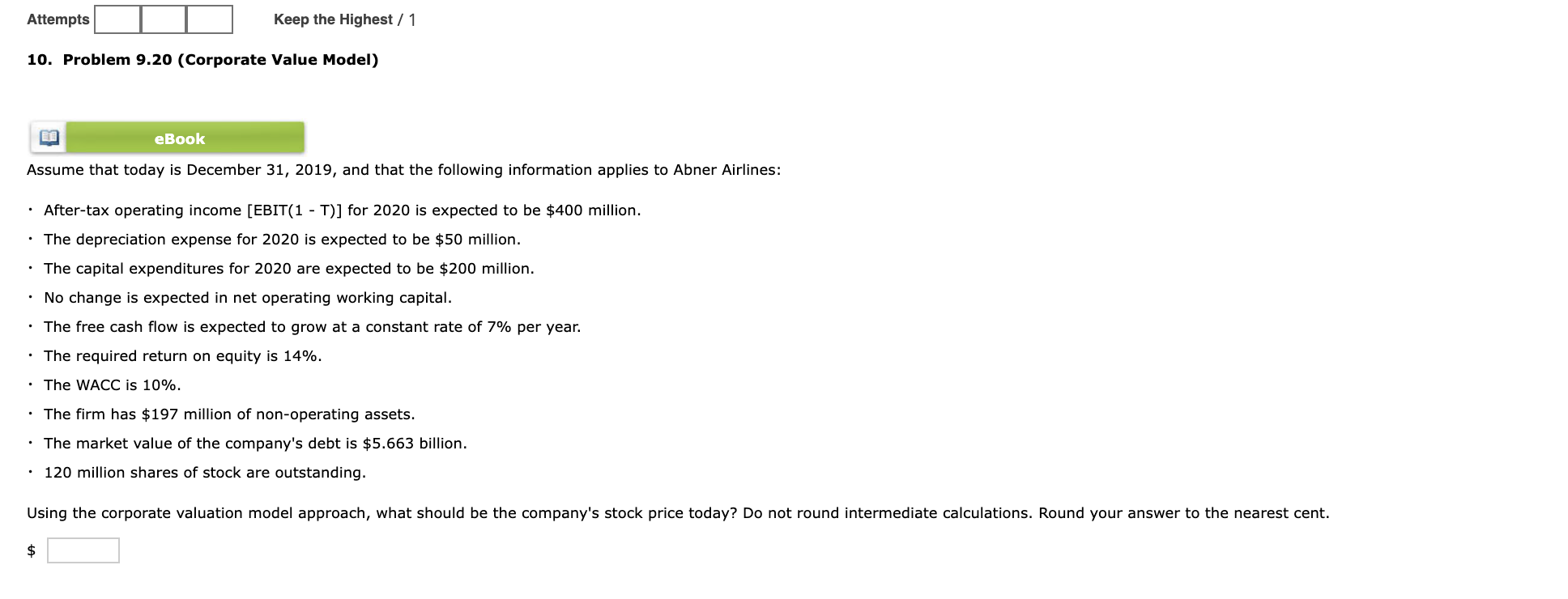 Attempts Keep the Highest / 1 10. Problem 9.20 (Corporate Value