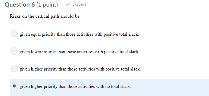  Question 6 (1 point) Saved Risks on the critical path should