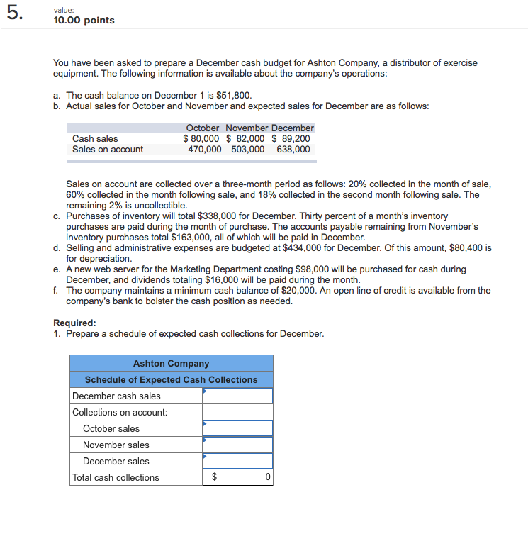 value: 10.00 points You have been asked to prepare a December