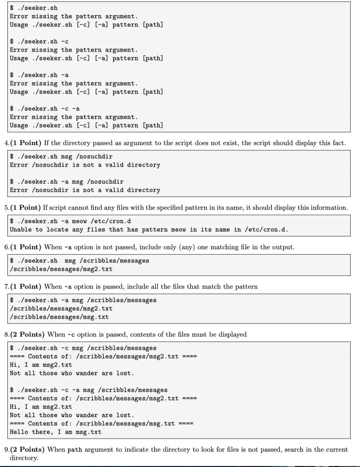 output Ex. 2 - A bash script for file search and content