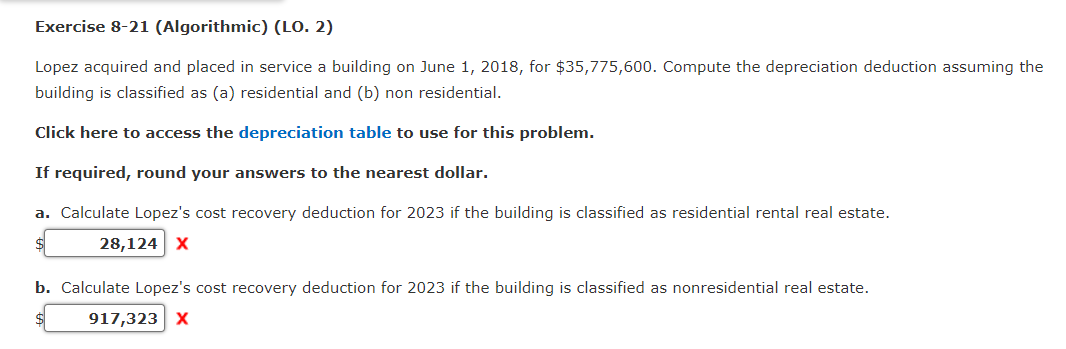  Exercise 8-21(Algorithmic)(LO.2) Lopez acquired and placed in service a building on