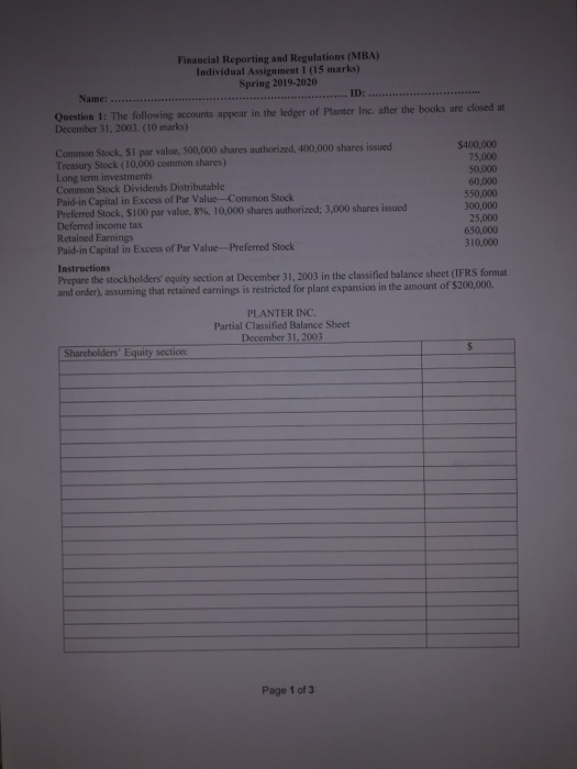  Financial Reporting and Regulations (MBA) Individual Assignment 1 (15 marks) Spring