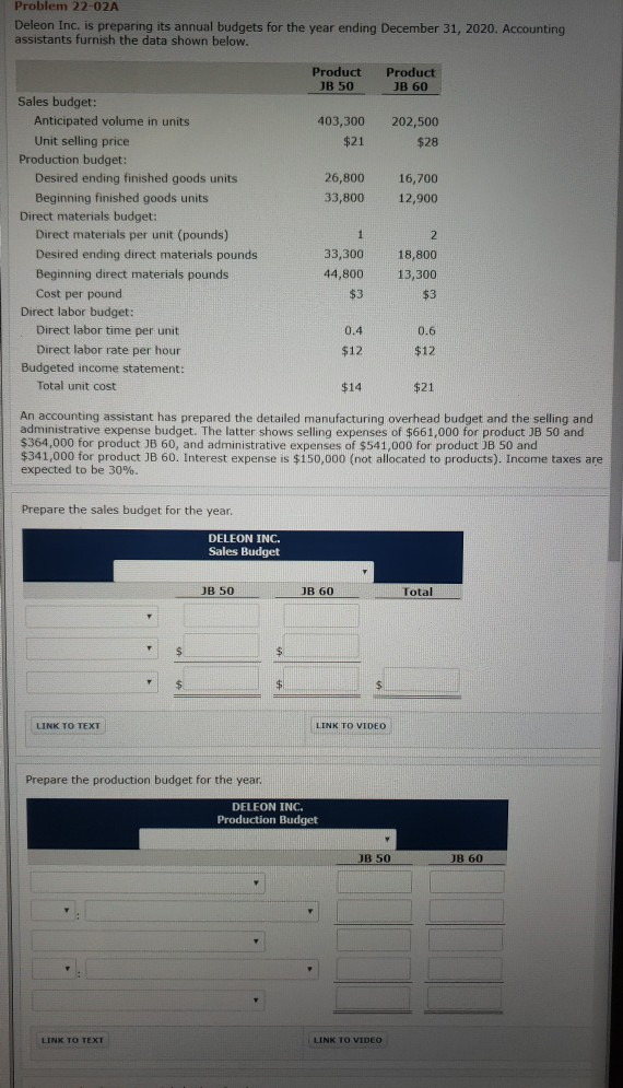  Problem 22-02A Deleon Inc. is preparing its annual budgets for the