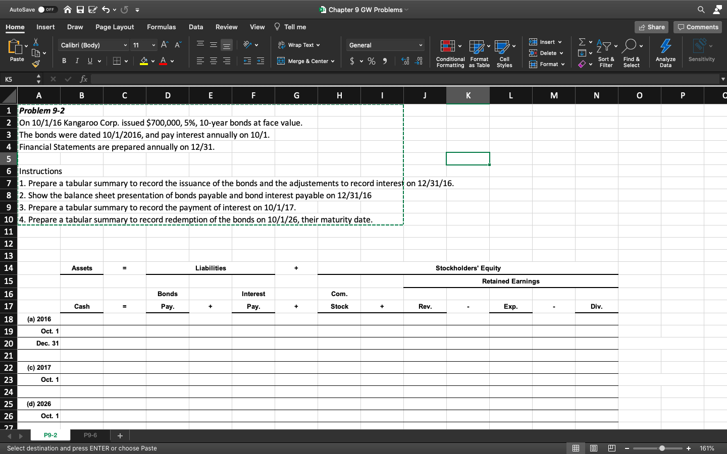  AutoSave OFF Esvu = Chapter 9 GW Problems Home Insert Draw