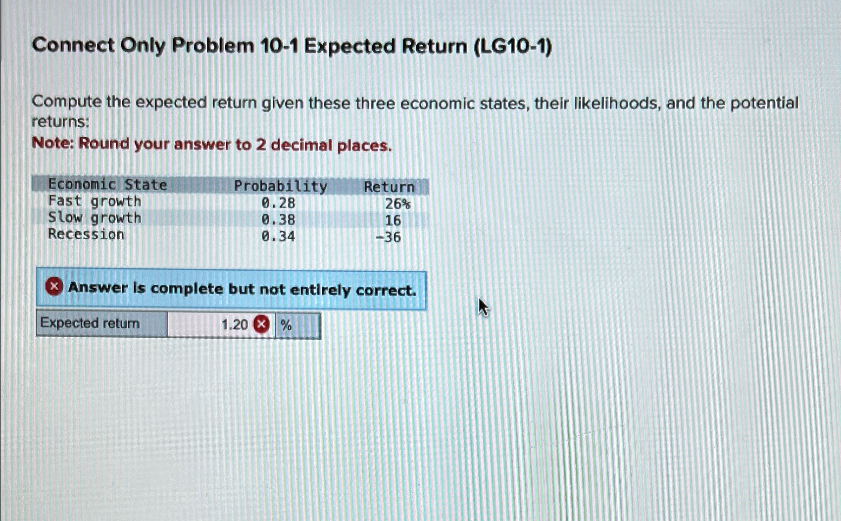  Connect Only Problem 10-1 Expected Return (LG10-1) Compute the expected return