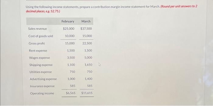income statement for March. (Round per unit answers to 2 decimal places,