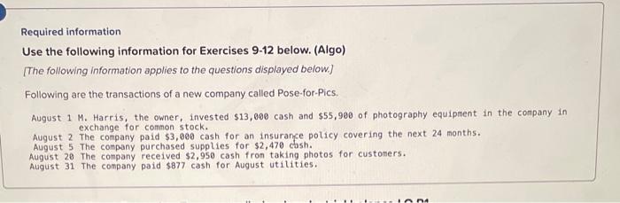  Required information Use the following information for Exercises 912 below. (Algo)