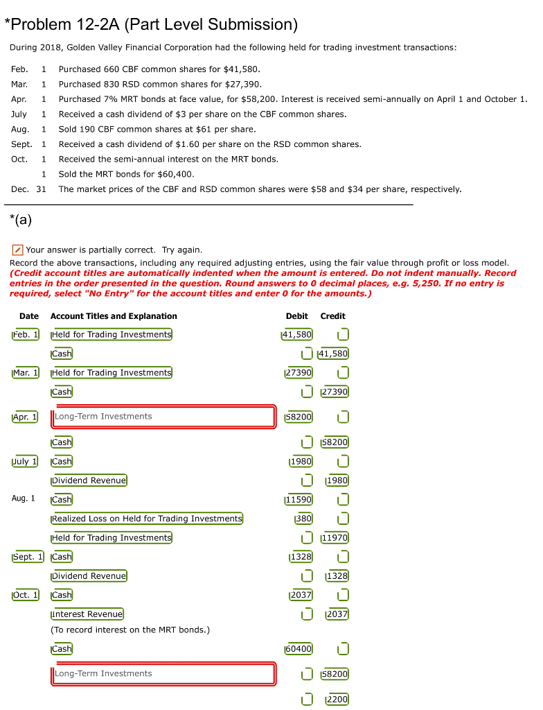 Need help on part c. Thankyou Problem 12-2A (Part Level Submission) During