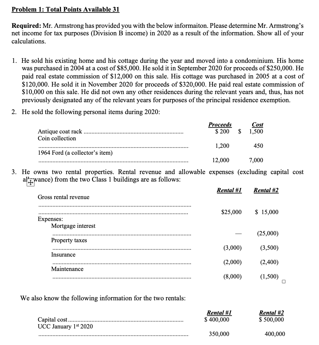 Problem 1: Total Points Available 31 Required: Mr. Armstrong has provided