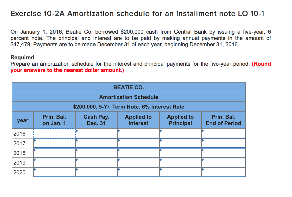 Exercise 10-2A Amortization schedule for an installment note LO 10-1 On January