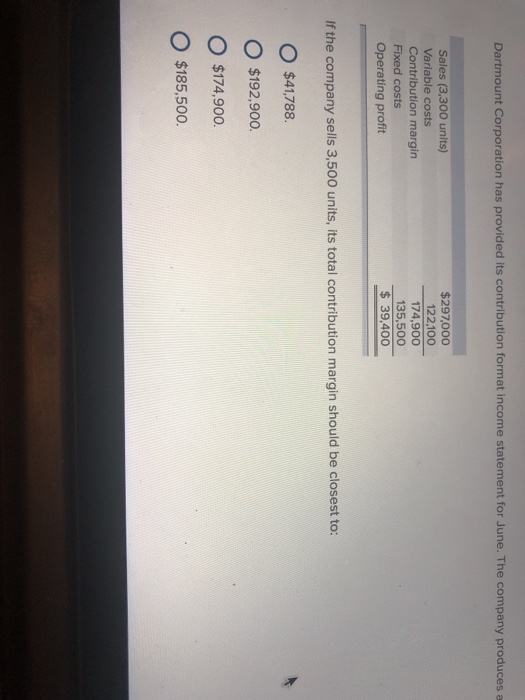  Dartmount Corporation has provided its contribution format income statement for June.