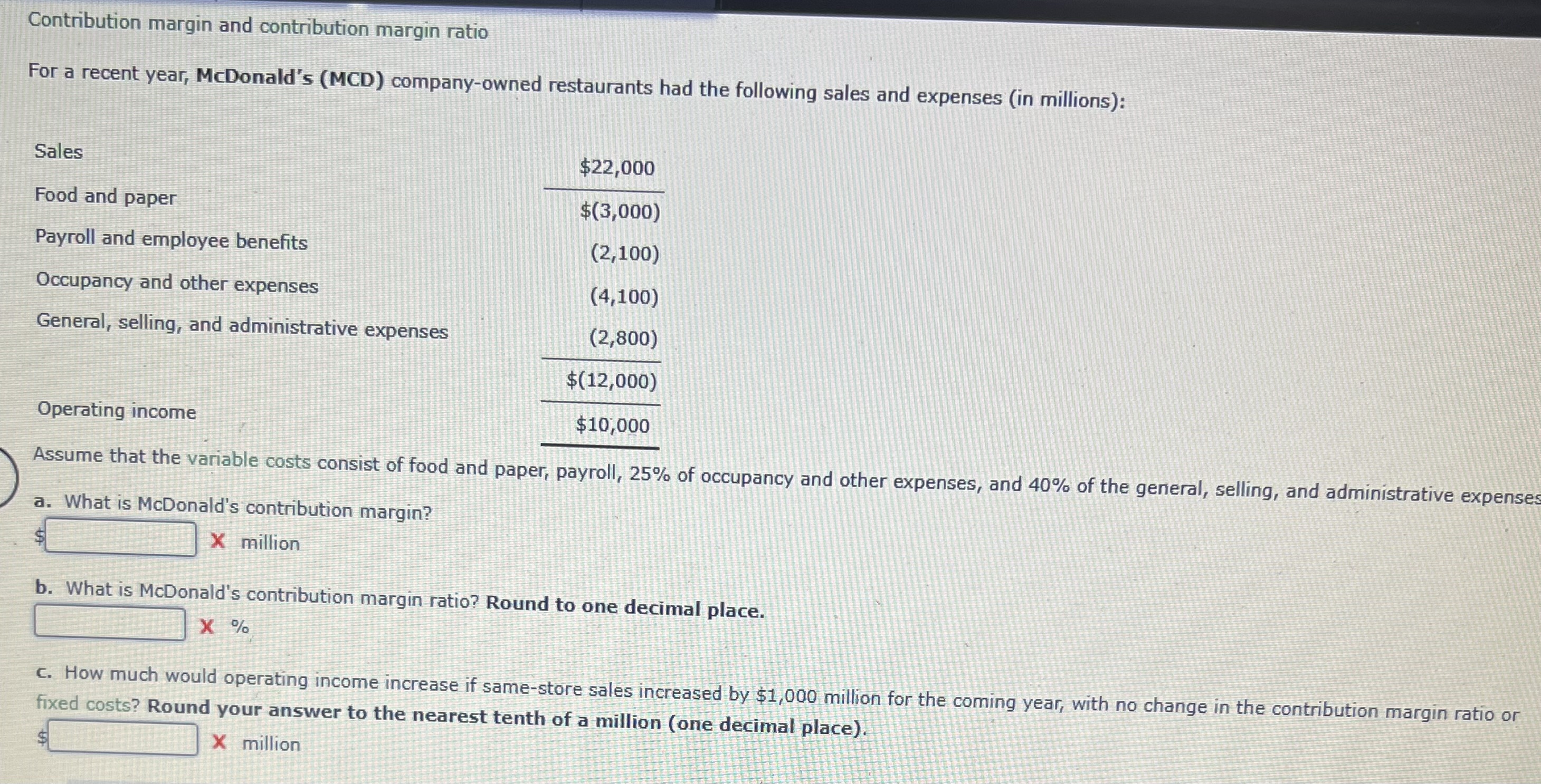  Contribution margin and contribution margin ratio For a recent year, McDonald's