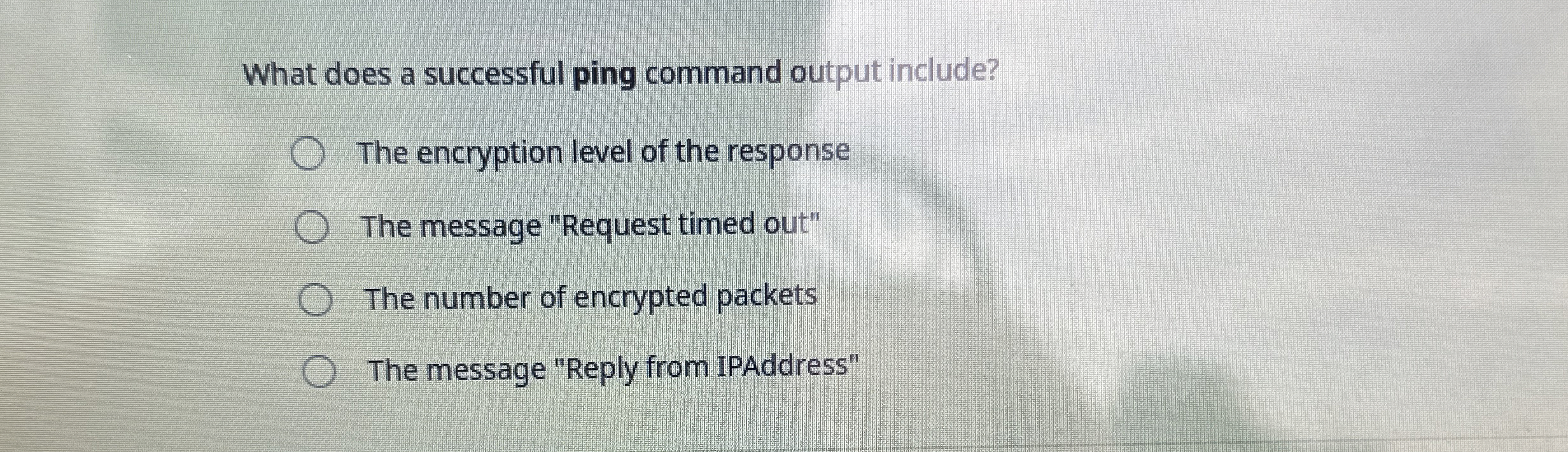  What does a successful ping command output include? The encryption level