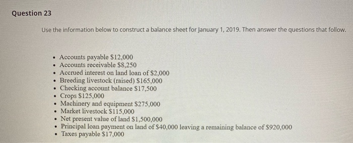  Question 23 Use the information below to construct a balance sheet
