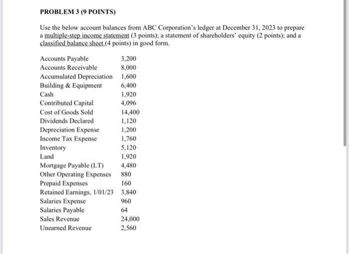  PROBLEM 3 (9 POINTS) Use the below account balances from ABC