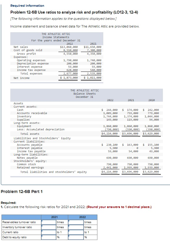  Required Information Problem 12-6B Use ratios to analyze risk and profitability