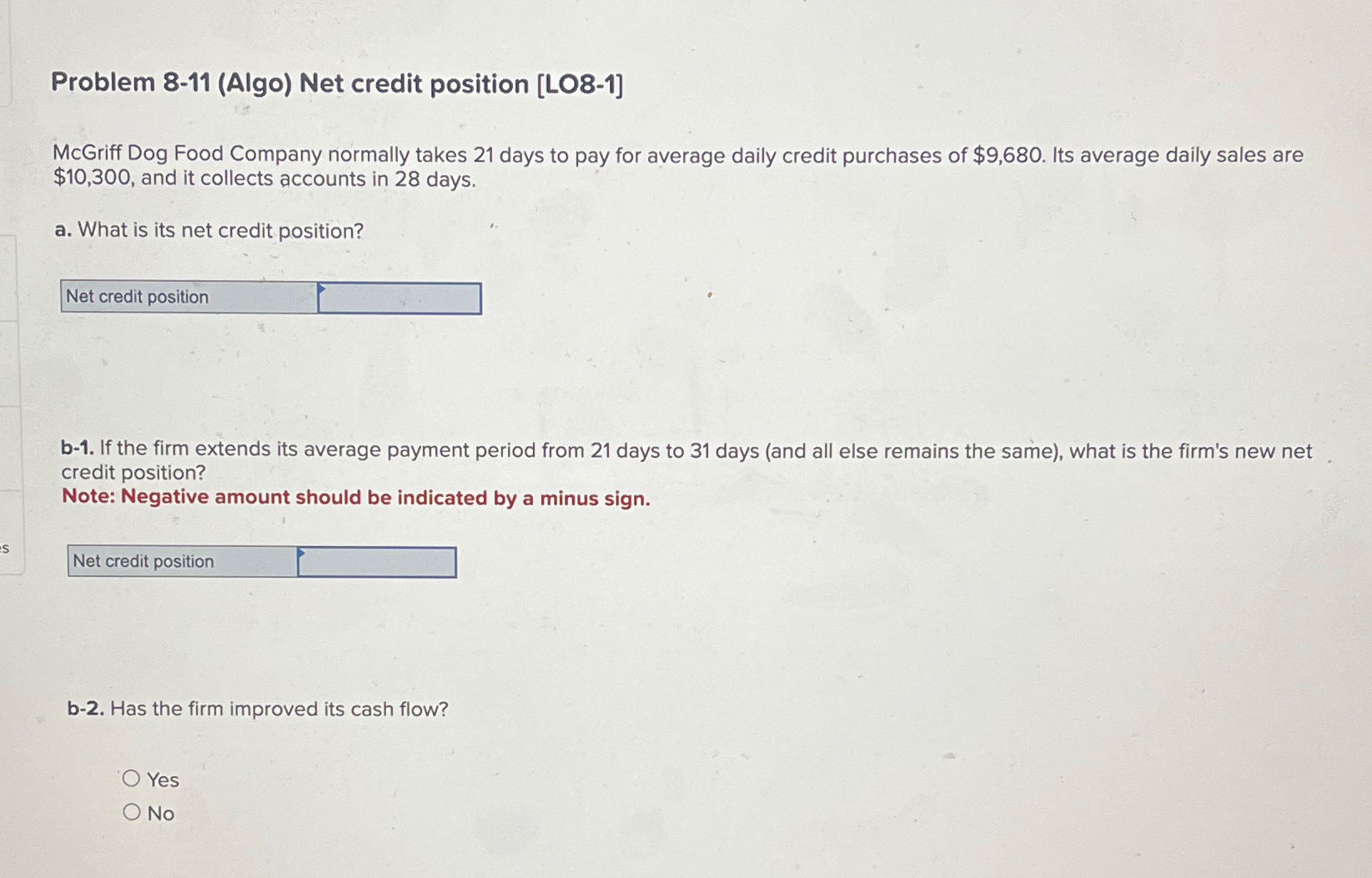  Problem 8-11(Algo) Net credit position [LO8-1] McGriff Dog Food Company normally