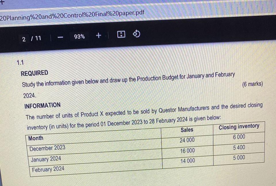 REQUIRED Study the information given below and draw up the Production