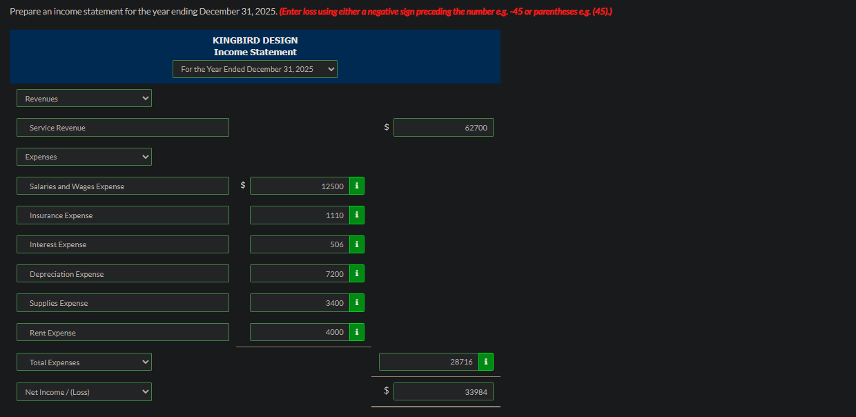 earnings statement for the year ending December 31, 2025. Prepare an income