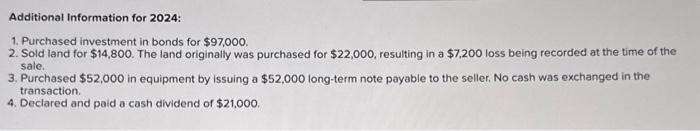 bonds for $97,000. 2. Sold land for $14,800. The land originally was