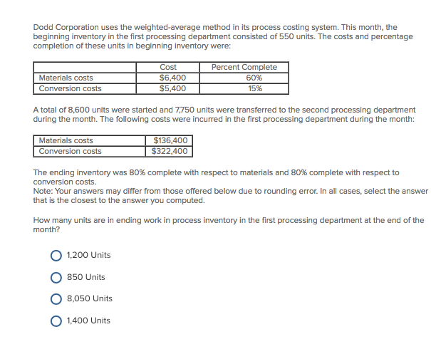 Dodd Corporation uses the weighted-average method in its process costing system.