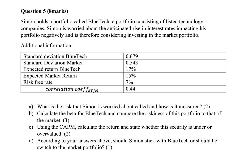  Question 5 (8marks) Simon holds a portfolio called BlueTech, a portfolio