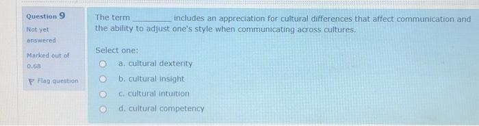  Question 9 The term includes an appreciation for cultural differences that