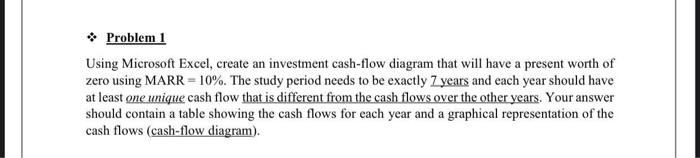  Problem 1 Using Microsoft Excel, create an investment cash-flow diagram that