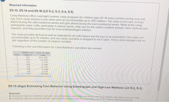  Required information E5-13, E5-14 and E5-16 (LO 5-2,5-3,5-4,5-5) Camp Rainbow offers