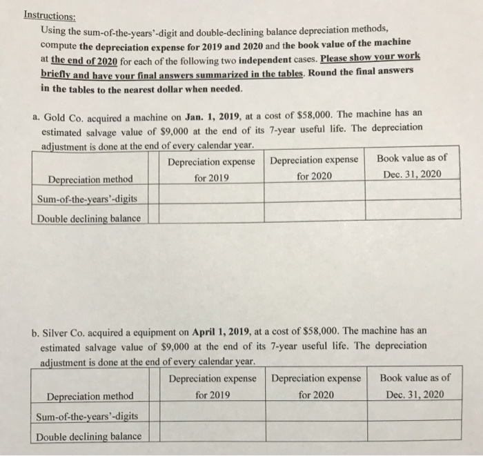  Instructions: Using the sum-of-the-years-digit and double-declining balance depreciation methods, wompute the
