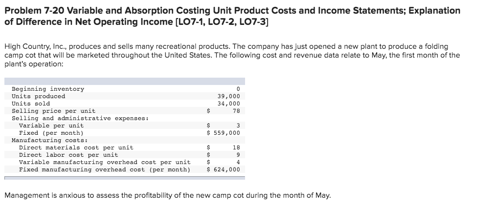  Problem 7-20 Variable and Absorption Costing Unit Product Costs and Income