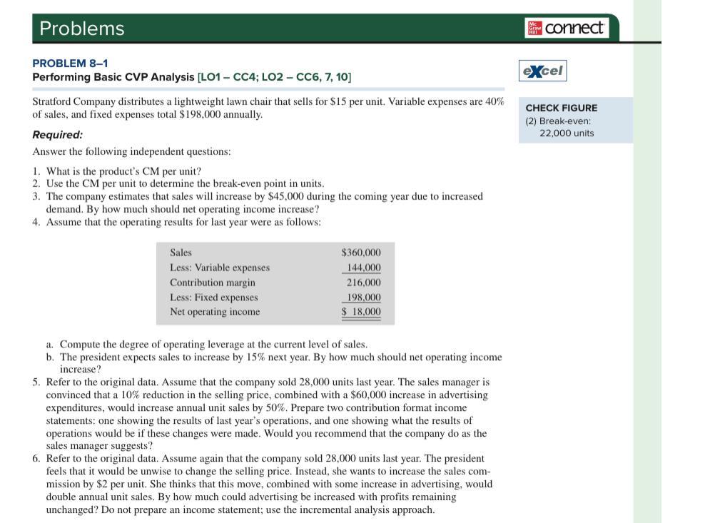  Problems connect PROBLEM 8-1 Performing Basic CVP Analysis [LO1 - CC4;