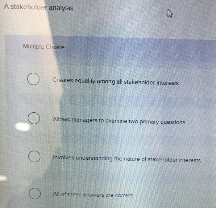  A stakeholder analysis: Multiple Choice Creates equality among all stakeholder interests.