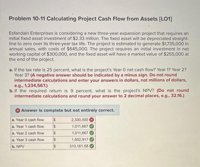 10. need help Problem 10-11 Calculating Project Cash Flow from Assets [LO1]