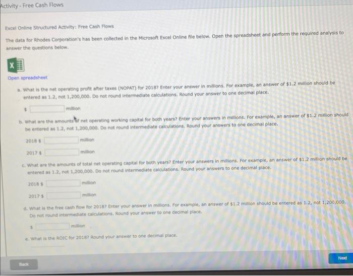  Excel Online Structured Activity: Free Cash Flows The data for Rhodes