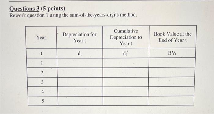  Questions 3 (5 points) Rework question 1 using the sum-of-the-years-digits method.