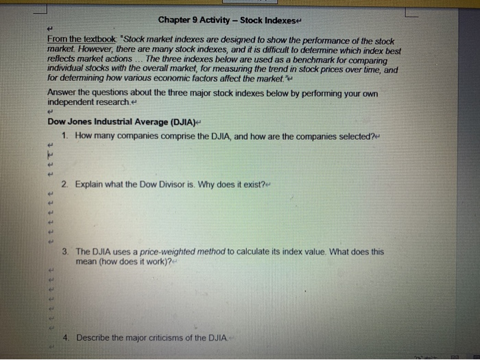  Chapter 9 Activity - Stock Indexese e From the textbook 'Stock