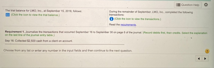  Question Help The trial balance for LMO, Inc., at September 15,