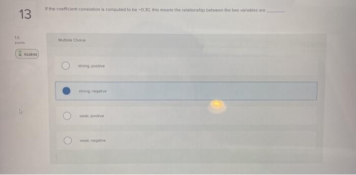  If the coefficient correlation is computed to be -0.30, this means